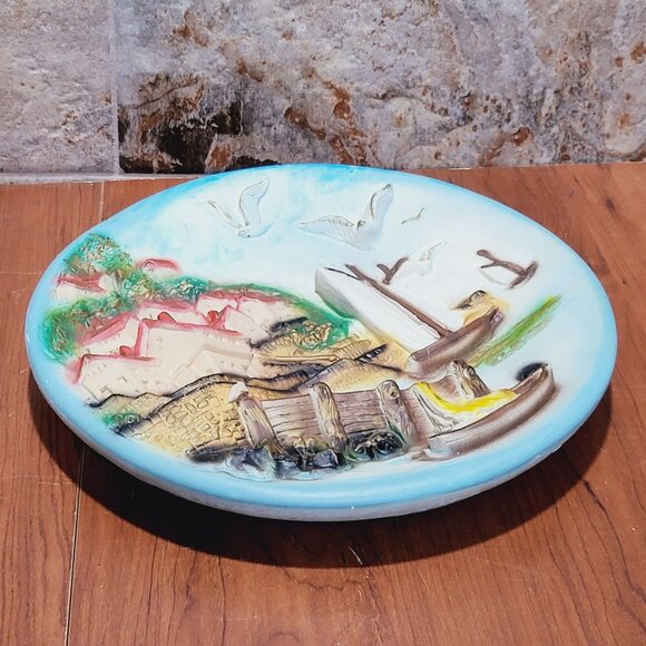 Vintage Chalkware Plaster Plaques 3D Wall Hanging Plate Seaside Seagulls Houses - Picture 8 of 11